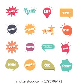 slang bubbles different words and phrases in multicolor cartoon, bang yes sorry yeah flat icons set vector illustration