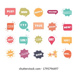 slang bubbles different words and phrases in multicolor cartoon, true hello omg flat icons set vector illustration