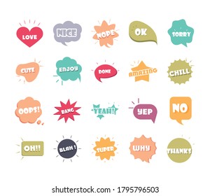 slang bubbles different words and phrases in multicolor cartoon, love super thanks flat icons set vector illustration