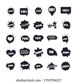 lang Blasen verschiedene Wörter und Phrasen in mehrfarbigen Cartoons, hello omo genießen Liebe flache Symbole Set Vektorgrafik