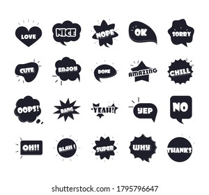 slang bubbles different words and phrases in multicolor cartoon, love super thanks flat icons set vector illustration