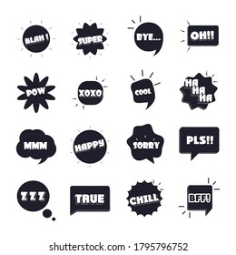 slang bubbles different words and phrases, bang yes sorry yeah flat icons set vector illustration