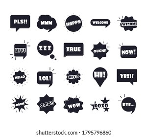 slang bubbles different words and phrases in multicolor cartoon, true hello omg flat icons set vector illustration