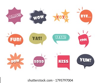 slang bubbles different words and phrases in multicolor cartoon, omg kiss bye flat icons set vector illustration