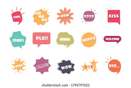 slang bubbles different words and phrases in multicolor cartoon, cool sorry omg flat icons set vector illustration