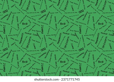 Slang for programmers Cybersport Seamless vector isolated pattern green background Wrapping paper Typography desig Scrapbooking Cardmaking Bug Megamoth Concept of professional holiday Random phrases