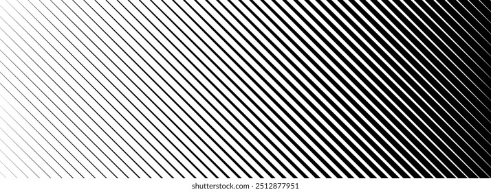 Slant line halftone gradation texture. Fading diagonal stripe gradient background. Black oblique pattern backdrop. Thin parallel line vanish wallpaper for overlay, print, cover, graphic design. Vector