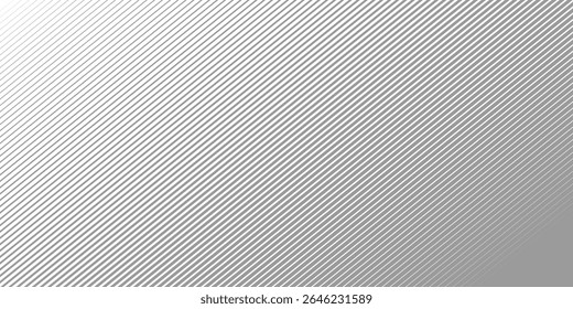Slant line halftone gradation texture. Fading diagonal stripe gradient background. Black oblique pattern backdrop. Vanishing thin parallel line wallpaper for overlay, print, cover. 