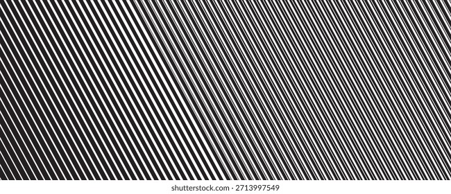 Textur für Schräglinien-Halbtongradation. Schwindender diagonaler Streifenverlauf-Hintergrund. Schwarzes schräges Muster Hintergrund. Verschwinden dünne parallele Linie Tapete für Overlay, Druck, Abdeckung. Vektorgrafik