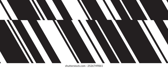 Slanted black and white lines background. Tilted parallel stripes of different thickness. Simple stripy texture. Geometric dynamic print with sloped strips. Vector graphic illustration.