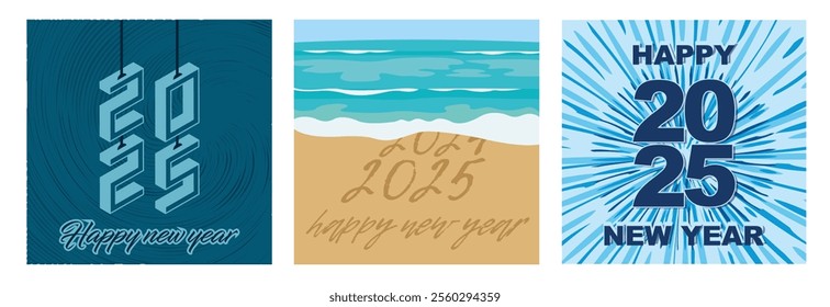 A slanted design to make it more meaningful. Message Year 2024 replaced by 2025 text written on beach sand background. Celebration Graphic Poster. Set flat vector modern illustration 