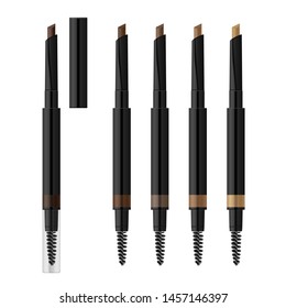 A slanted eyebrow pencil mockup. Set of make up brow pencils with blending brush in black plastic cases. Cosmetics Eyeliner 3d realistic vector template. 5 natural colors set.