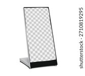 Slanted flat video panel on wheeled stand. Realistic 3d vector mockup. LED LCD screen TV monitor with transparent screen. Mock-up. Mobile portable digital display. Template for design
