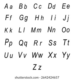 Slanted font sample. Clean italic alphabet. Rounded typeface chart. Vector letter form.