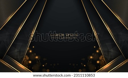 Slanted golden lines with glowing effect and bokeh element decoration on black background. Luxury style vector design