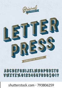 Slanted 'Letter Press' Vintage Sans Serif Alphabet with Offset Printing Effect. Retro Textured Typeface. Vector Illustration.