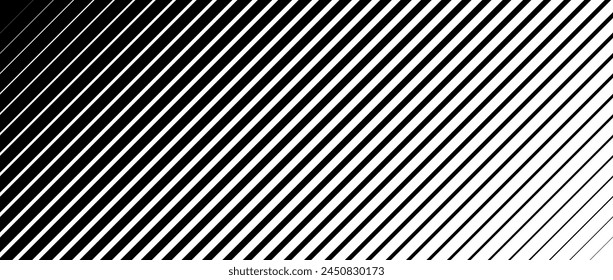 Slanted line halftone gradation texture. Fade diagonal stripe gradient background. Oblique pattern backdrop. Black thin to thick stripe backdrop for overlay, print, cover, graphic design. Vector