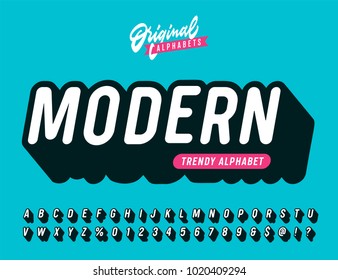 Slanted 'Modern' Vintage 3D Sans Serif Rounded Alphabet with Long Shadow Effect. Retro Typography. Vector Illustration.