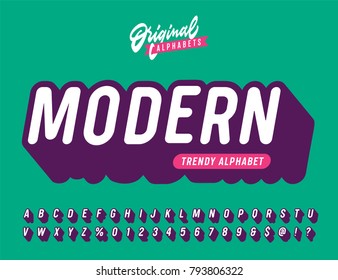 Slanted 'Modern' Vintage 3D Sans Serif Rounded Alphabet With Long Shadow Effect. Retro Typography. Vector Illustration.