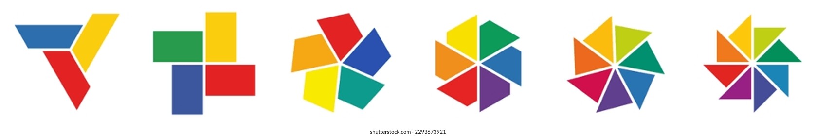 Slanted rectangles or triangle arranged in circle pattern - version with three to eight parts, simple infographics element