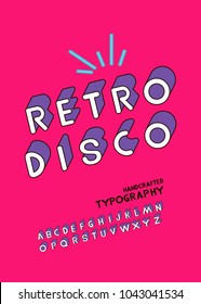 Slanted 'Retro Disco' Vintage 3D Sans Serif Font. Rounded Colorful Alphabet. Retro Typography. Framed Outlined Typeface. Vector Illustration. 