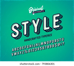 Slanted 'Style' Vintage 3D Sans Serif Font. Rounded Colorful Alphabet. Retro Typography. Striped Typeface. Vector Illustration.