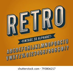 Slanted Vintage Retro 3D Sans Serif Striped Condensed Alphabet. Retro Typography. Vector Illustration.