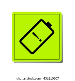 Slanting battery symbol with exclamation mark on vibrant green color square with shadow