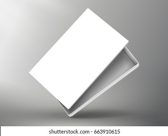 slanting blank half open white flat paper box with separate lid 3d illustration, can be used as design element, isolated bicolor background, side view