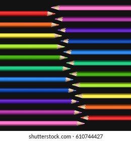Slanting Line of Realistic Colorful Pencils on Black Background.Template for Universal Abstraction.