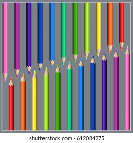 Slanting Two-side Line of Colorful Realistic Pencils. Striped Composition of Stationery for Design School and Children's Products.