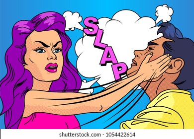 Slap,the relationship of men and women. Harrassment. Fight,woman hits man. Domestic violence. Crime. Pop art retro vector illustration. Comic Vector cartoon illustration explosions.Comics Boom.Pop-art