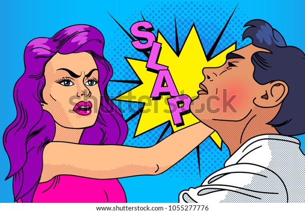 Slap,the relationship of men and women.\
Harrassment. Fight,woman hits man. Domestic violence. Crime. Pop\
art retro vector illustration. Comic Vector cartoon illustration\
explosions.Comics\
Boom.Pop-art