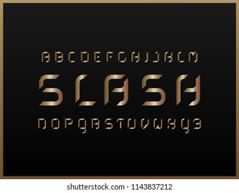 Slash gold alphabet. Vector letters. Typeface design. 