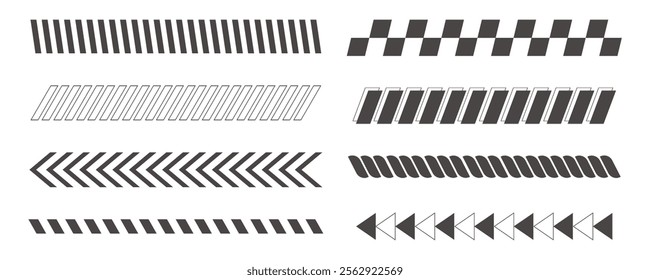 Slash line arrow grid, decorative diagonal divider. Geometric dashed barrier, tape or embroidery. Angled stripes, tilt pattern.