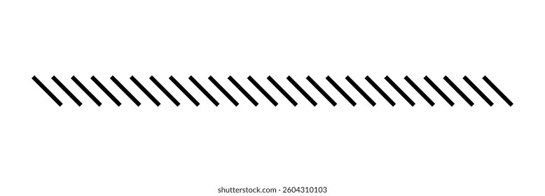 Slash line. Border with diagonal lines. Angle of tilt stripes. Black pattern of footer isolated vector on white background. EPS 10 .