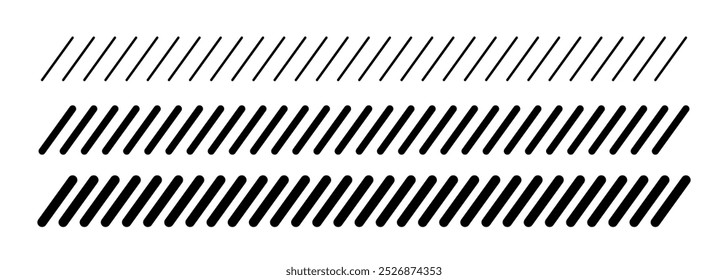 Slash line border. Diagonal parallel lines divider strip. Tilt strip geometric abstract border. Slash divider. Vector illustration isolated on white background.