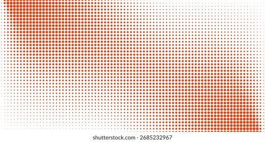 Slash red halftone gradient texture. Vanishing cartoon polka dot background. Dotted corner gradation pattern. Fading comic pop art overlay backdrop.