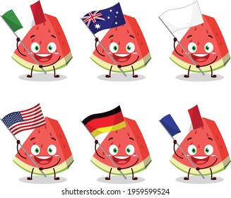 Slash of watermelon cartoon character bring the flags of various countries