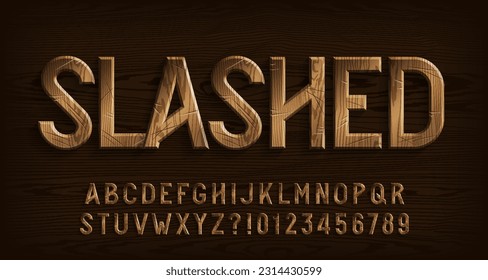 Slashed alphabet font. Damaged wooden letters and numbers. Stock vector typescript for your typography design.