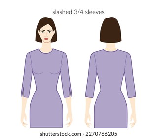 Slashed sleeves 3-4 length clothes character beautiful lady in lavender top, shirt, dress technical fashion illustration with fitted body. Flat apparel template front, back sides. Women men unisex CAD