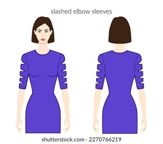 Slashed sleeves clothes character beautiful lady in blue top, shirt, dresstechnical fashion illustration with elbow length. Flat apparel template front, back sides. Women, men unisex CAD mockup