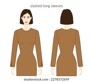 Slashed sleeves long length clothes character beautiful lady in brown top, shirt, dress technical fashion illustration with fitted body. Flat apparel template front, back. Women, men unisex CAD mockup