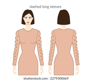 Slashed sleeves long length clothes character beautiful lady in nude top, shirt, dress technical fashion illustration, fitted. Flat apparel template front, back sides. Women, men unisex CAD mockup