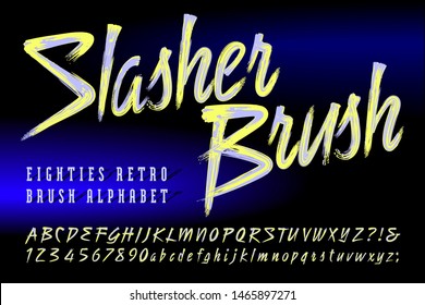 Slasher Brush is a duotone brush script alphabet. This 1980s retro style font captures the vibe of eighties art, music, and game graphics.