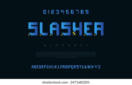 Slasher kreative geometrische moderne städtische Alphabet-Schriftart. Digital abstrakt futuristisch, Mode, Sport, minimale Technologie Typografie. Einfache numerische Vektorillustration