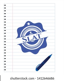 Slat emblem draw with pen effect. Blue ink. Vector Illustration. Detailed.