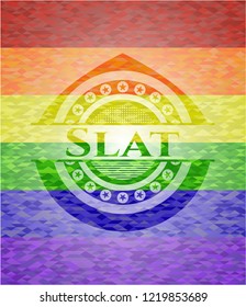 Slat emblem on mosaic background with the colors of the LGBT flag