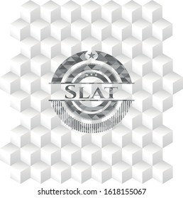 Slat realistic grey emblem with cube white background