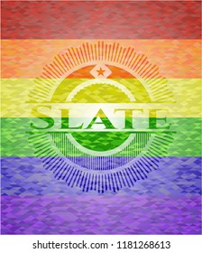 Slate emblem on mosaic background with the colors of the LGBT flag